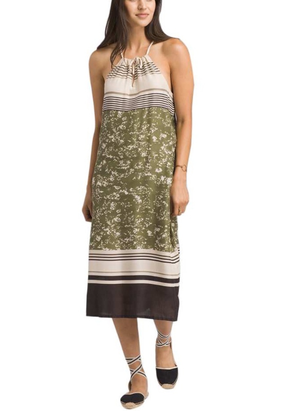 Prana Parisol Olive Green & Cream Halter Midi Dress. Size Small